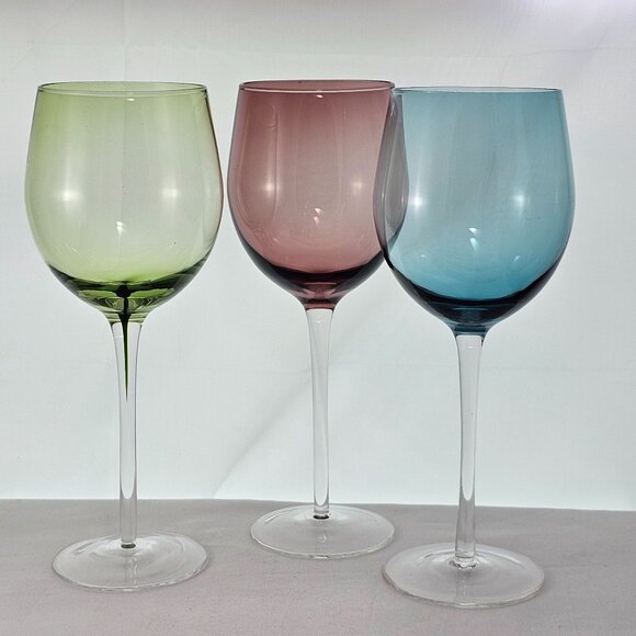 Mismatched Colors Water Goblets set 3 Wine Glasses mixed glassware colorful - Picture 1 of 8